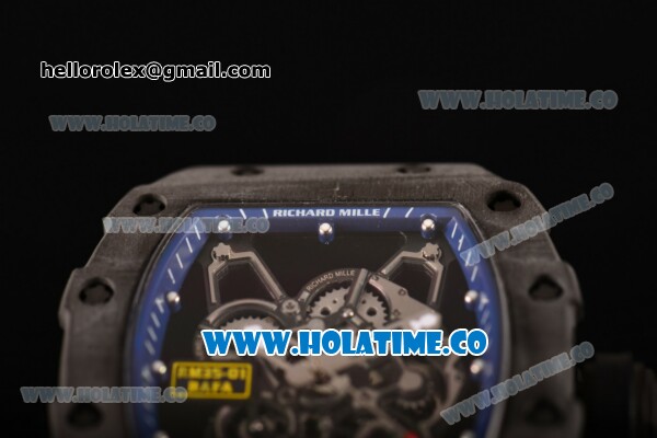 Richard Mille RM35-01 Bubba Watson Tourbillon Manual Winding Carbon Fiber Case with Skeleton Dial and White Dot Markers - Blue Inner Bezel - Click Image to Close